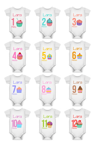 Body Mesversario Menina Kit 12 Bodies De Bebê Personalizado