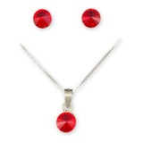 Conjunto Swarovski Elements Rojo Punto Luz Plata Fina 925