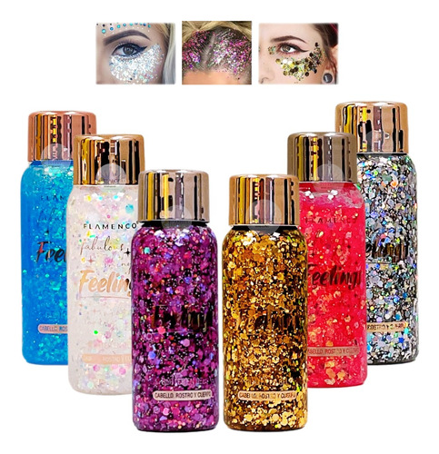  Pack 6 Glitter Gel Holográficas Brillo Máximo Rostro Cuerpo