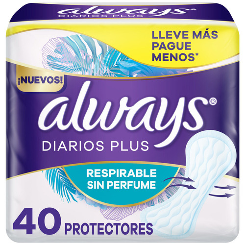 Protectores Diarios Always Diarios Plus Respirable Sin Perfume, 40 Unidades