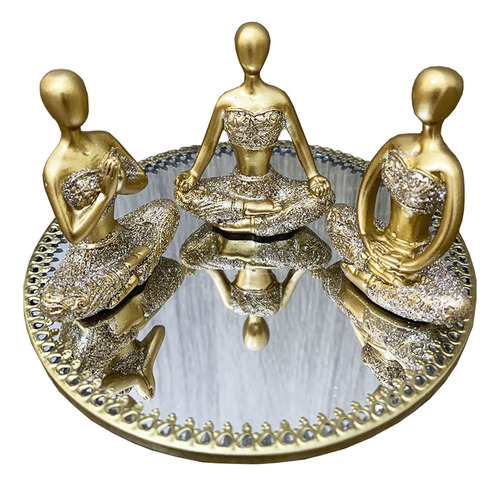 Trio Decorativo Yoga Meditação Buda Resina + Bandeja Espelho