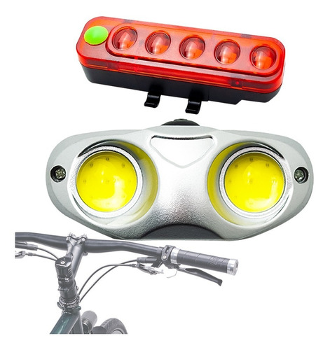 Bike Farol Lanterna 2 Led+ Sinalizador Recarregável Lt-8552 Cor Preto