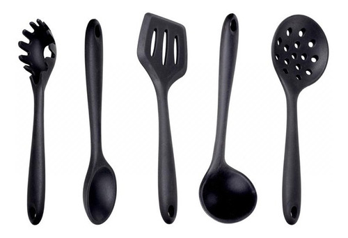 Kit Colher Espátula Concha 5 Utensílios De Silicone Preto