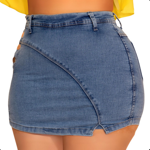 Short Saia Jeans Plus Size Barra Desfiada Cintura Alta Moda