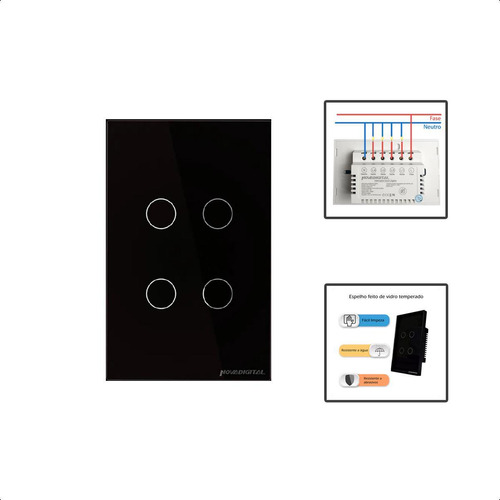 Interruptor Zigbee Touch 4 Botões Inteligente 4x2 - Preto