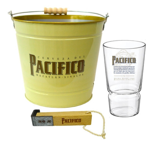 Pacífico Pack: 1 Cubeta + 1 Vaso + 1 Destapador De Madera