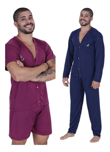 Kit Com 2 Pijamas Botões Abertos-pós Cirurgico Masculino