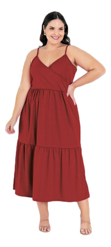 Vestido Plus Size Midi Alcinha Decote Transpassado Lindo