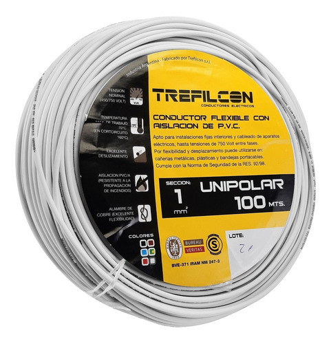 Cable 1mm Normalizado Unipolar Blanco 100mts Trefilcon Iram