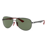 Óculos De Sol Ray-ban Carbon Fibre Scuderia Ferrari Collection Standard Armação De Fibra De Carbono Cor Polished Gunmetal, Lente Green De Policarbonato Clássica, Haste Gunmetal/black/red De Fibra De C