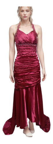 Vestido Fucsia De Fiesta Sirena -  Satín Y Pedrería Talla S