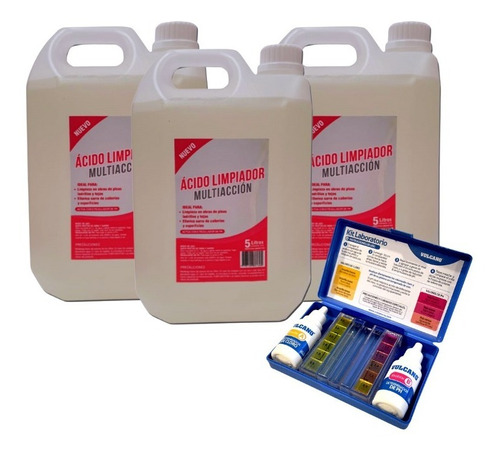 Pack 3 Limpiador Acido Muriatico Piscina 5l + Kit Vulcano Ph