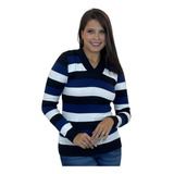 Blusa De Frio Feminina Com Listra Tricot Gola V