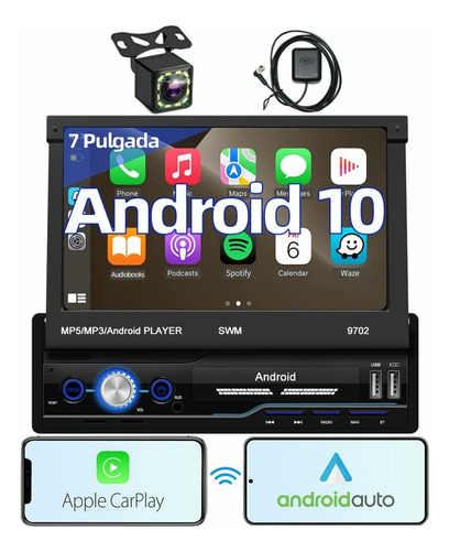 Auto Estéreo Pantalla Retráctil Android 1 Din Carplay Camara