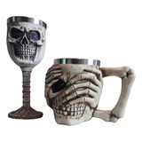 Pack Mug Y Copa Vino Calavera Resina 150ml