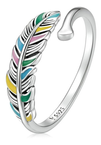 Anillo Ajustable Para Mujer Pluma De Colores En Plata