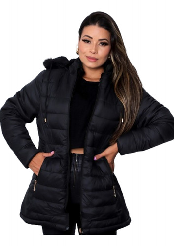 Jaqueta Parka Feminina Dupla Face Nylon/peluciada Preta