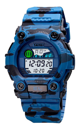 Reloj Hombre Skmei 1635 Sumergible Digital Alarma Cronometro Color De La Malla Azul Camuflaje Color Del Fondo Blanco