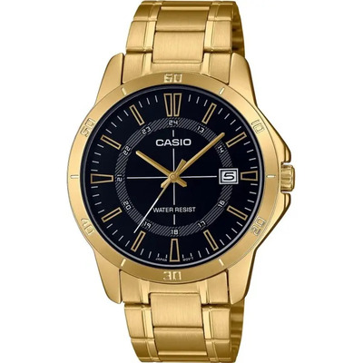 Reloj Casio Mtpv004 7c Hombre Acero Inoxidable Fechador Correa Dorado Bisel Dorado Fondo Negro | Envío gratis