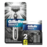Kit Aparelho De Barbear Gillette Mach3 Carbono + Carga 2 Un