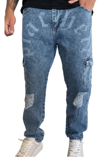 Jean Mom Cargo Pantalon Oversize Roturas Hombre Azul Premium
