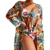 Conjunto Mujer Saidas Praia Kimono + Bikini Floral