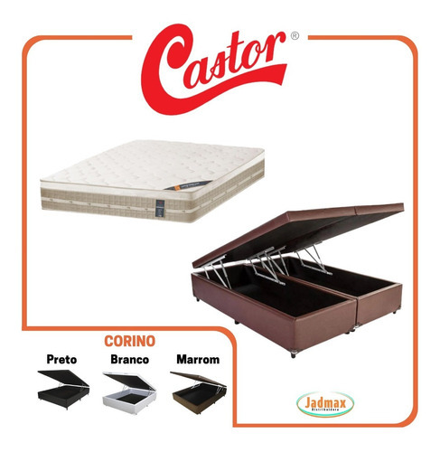  Cama Box Baú King Reforçada + Colchão Castor Firme 193x203 Cor Corino Marrom