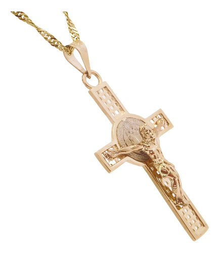 Dije Cruz De San Benito En Oro 14k 4.5cm Solido Amarillo