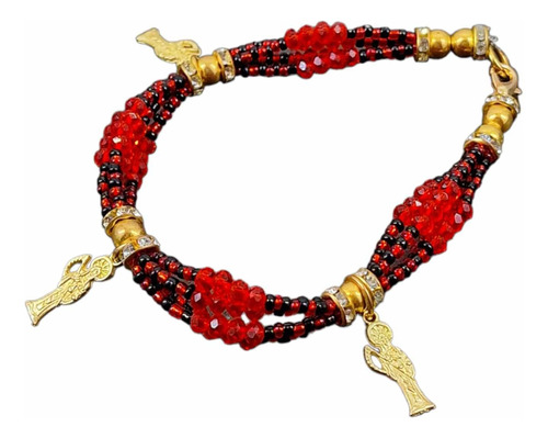 Pulsera Santa Muerte Roja Con Dije Tejido A Mano Brillante 