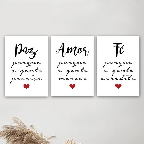 Conjunto Kit 3 Quadros Amor Família Fé Sala Mdf 20x30