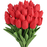 Macting Flores De Tulipán Artificiales Rojas, 30 Piezas De F