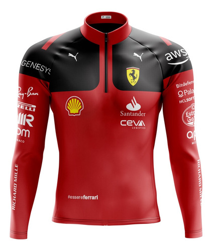 Camisa Ciclista Feminina Ferrari Vermelha Manga Longa Uv 50+