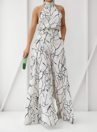Elegante Mono De Pierna Ancha Sin Mangas Con Cuello Halter