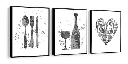 Quadro Decorativo Cozinha Taça Talher 32x42 Preto E Branco