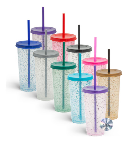 Pack De 15 Vasos Glitter Con Popote Para Fiesta 20oz