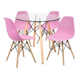 Comedor Moderno Eames Mesa Vidrio + 4 Sillas Color Rosa