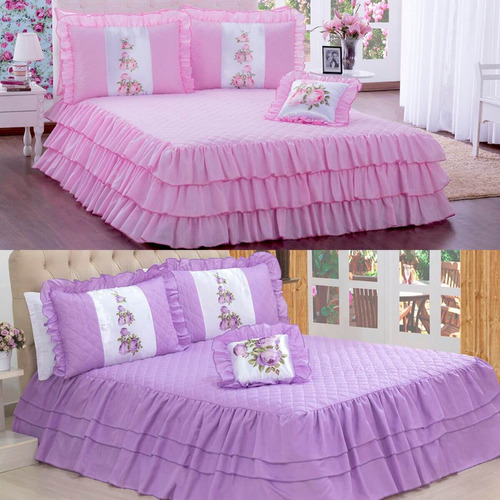 Colcha Babado Cobre Leito Cama Casal Kit 3 Pçs Deccoralle