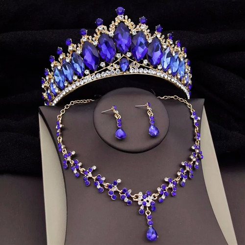 Corona Cristal Elegante Azul Marino Dorada Xv Años Tiara