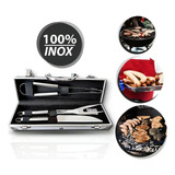 Kit Churrasco Inox C/ Maleta Churrasqueiro Profissional 3pçs Cor Prateado