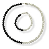 Conjunto Collar Pulsera Perlas Bicolor Blancas Y Negras 8mm