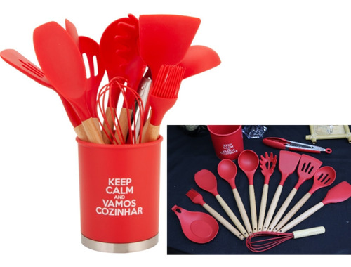 Kit Utensílios 13un De Silicone Cozinha Vermelho Com Suporte