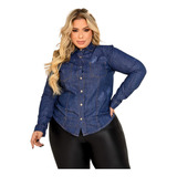 Camisa Feminina Jeans Social Plus Size Manga Longa