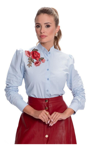 Camisa Social Feminina Bordado Floral Algodão Luxo Teodoro