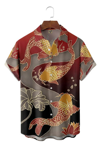 Hjb Camisa Hawaiana Unisex De Color Rojo Koi Japonés,