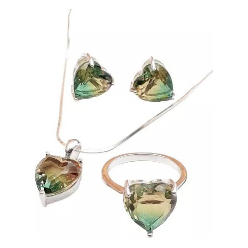 Conjunto Plata 925 Corazon Cubic Verde Conpl489 Lucio Di Reg