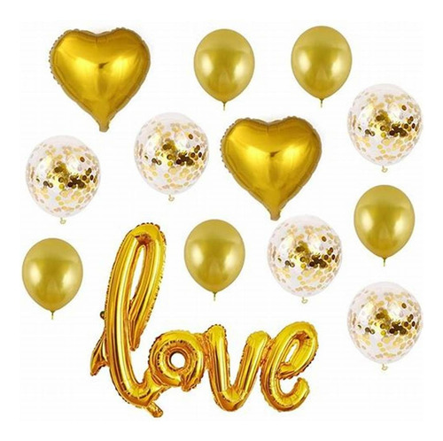 Set 15 Globos Love Gold San Valentín Aniversario/compromiso 