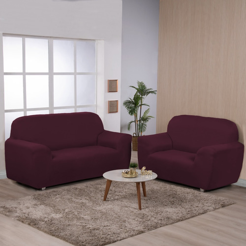 Kit Capa De Sofa 2e3 Lugares Ibitex Malha Lisa Coladinha Cor Bordô