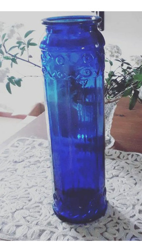 Florero Vintage En Vidrio Tallado Azul.29 Cm De Alto X 7,5c