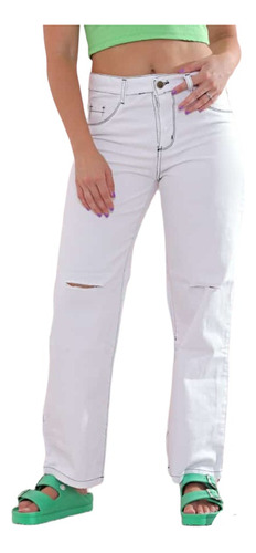 Jean Mom Rigido Pantalon Recto Retro Roturas Mujer Dama Oc