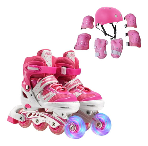 Patines Lineales Rosado Niñas Y Jóvenes + Set De Protección 